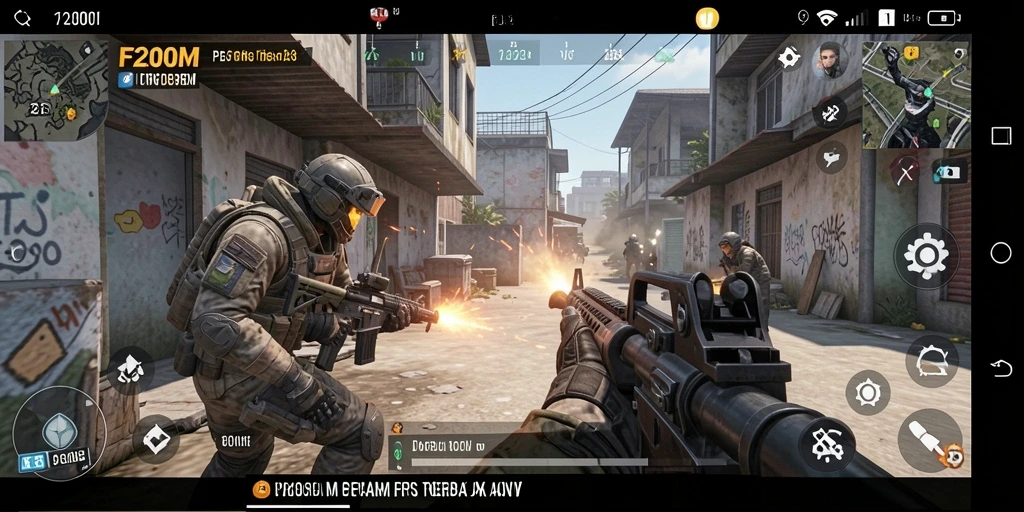 Tangkapan layar gameplay <strong>F200M</strong> yang menunjukkan aksi tembak-menembak yang mendebarkan.