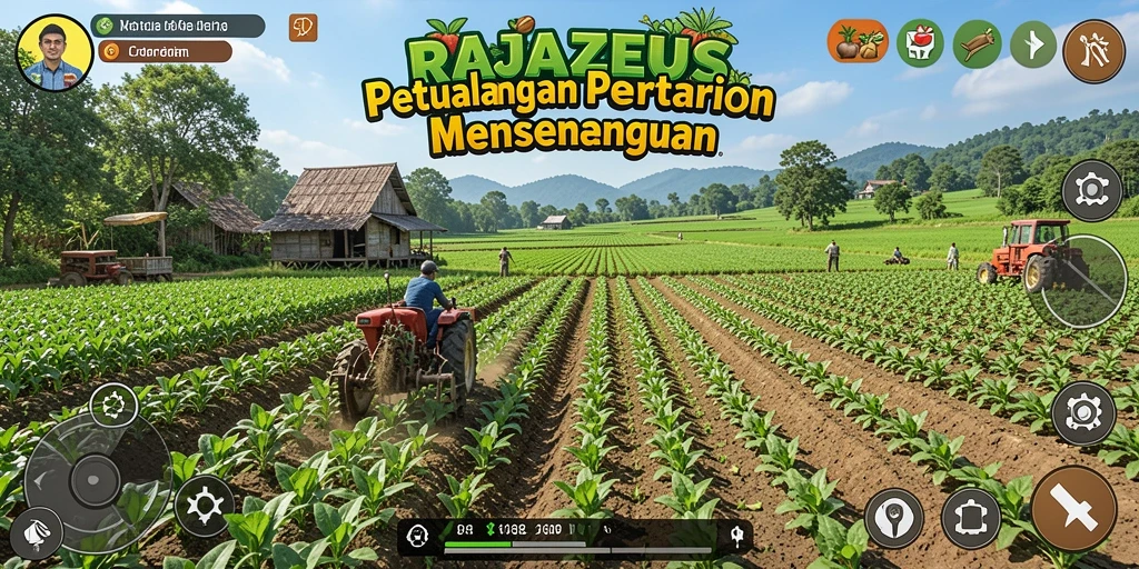 Tampilan gameplay RAJAZEUS dengan aktivitas bertani yang menyenangkan.